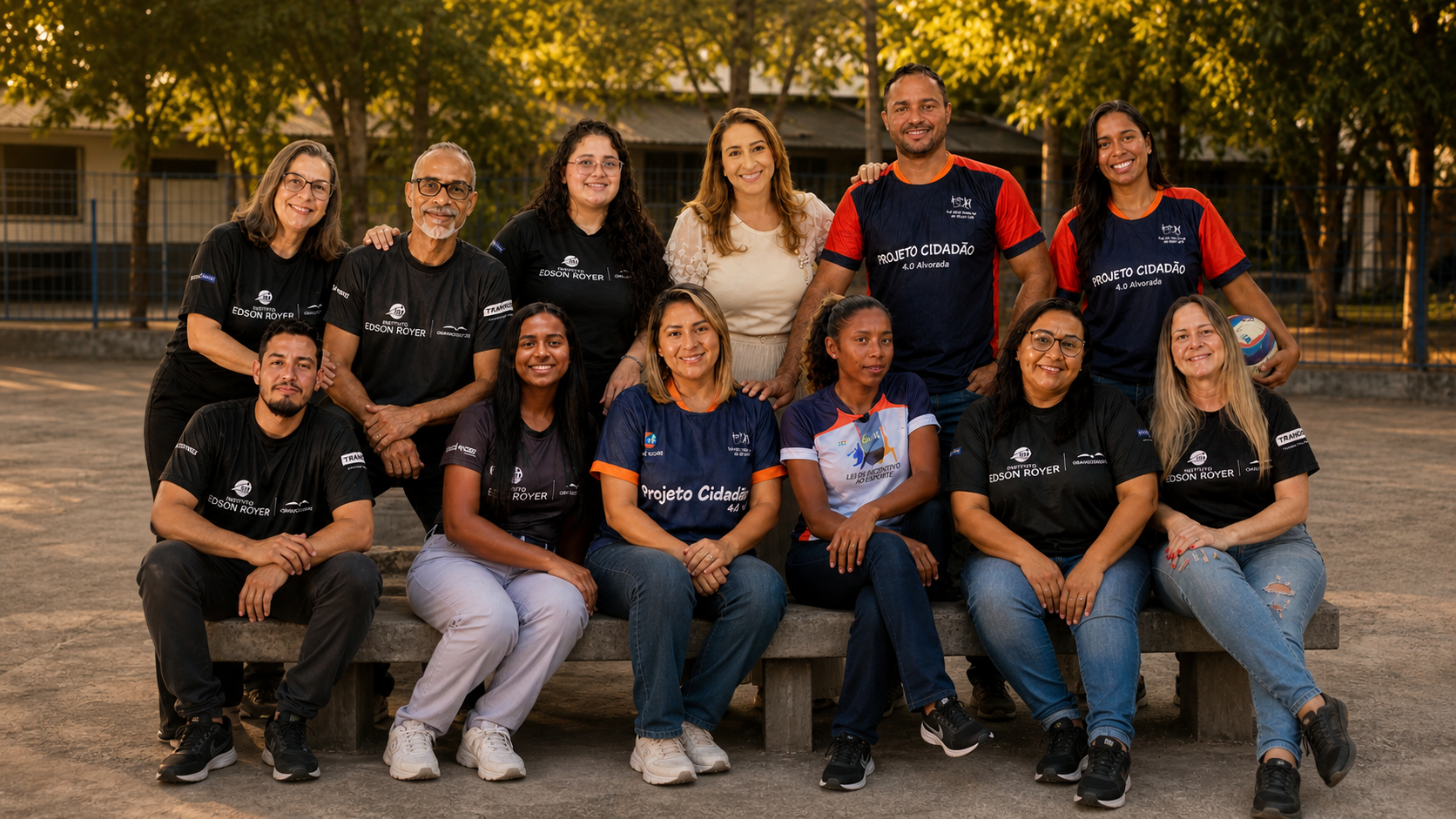 Equipe de colaboradores reunida em frente ao Instituto Edson Royer